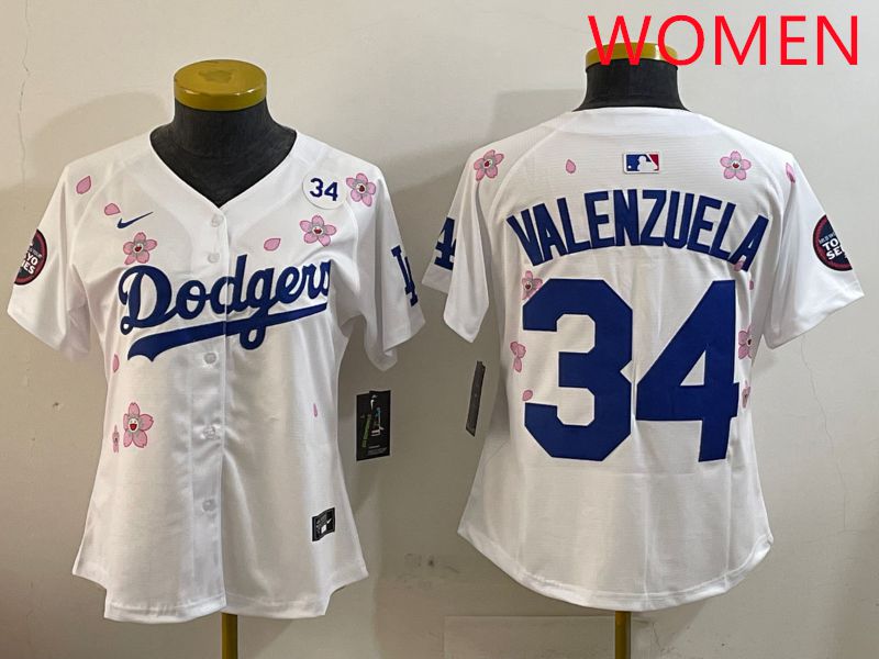 Women Los Angeles Dodgers 34 Valenzuela White Sakura Edition 2025 Nike MLB Jersey style 5